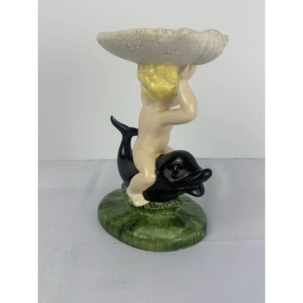 VTG Cherub Dolphin Soap Dish Ceramic Bathroom Vanity Tray Angel Shell Holder